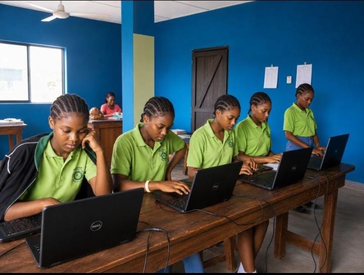 Students working on laptops in the school computer room